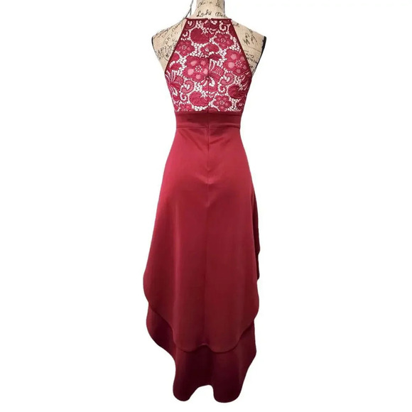 SWEET STORM Sleeveless Tiered High Low Satin Gown Prom Dress Size Small Burgundy - Picture 3 of 13